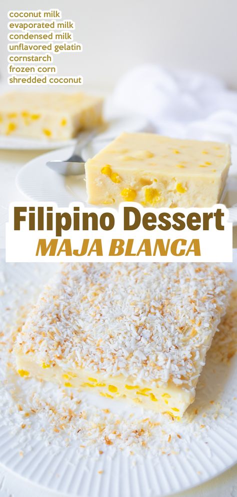 delicious Filipino maja blanca sprinkle shredded coconut on a white plate Easy Maja Blanca Recipe, Maja Blanca Recipe, Coconut Milk Benefits, Cassava Cake, Filipino Dessert, Coconut Pudding, Coconut Health Benefits, Unflavored Gelatin, Filipino Desserts