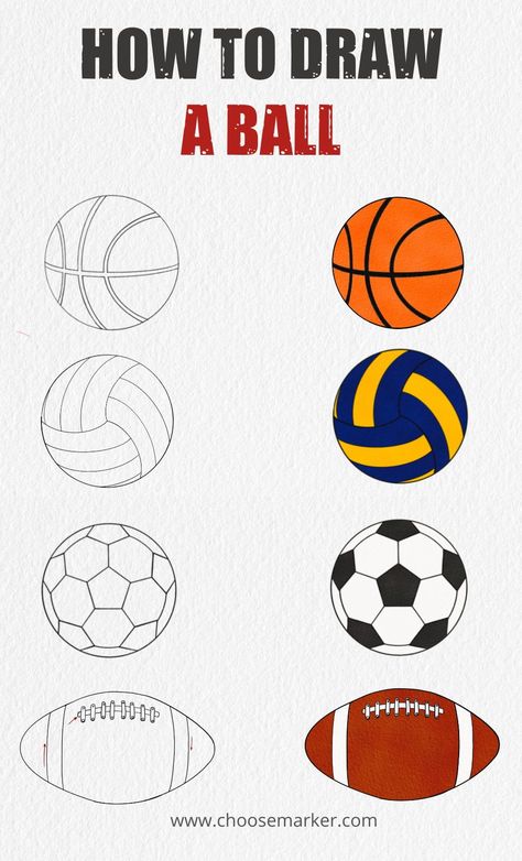 Sports Drawings Easy Football, Volly Ball Drawings, How To Draw Sports Balls, Sport Balls Drawing, How To Draw Ball, How To Draw A Soccer Ball Step By Step, How To Draw A Soccer Ball, How To Draw Football, Sports Drawings Easy