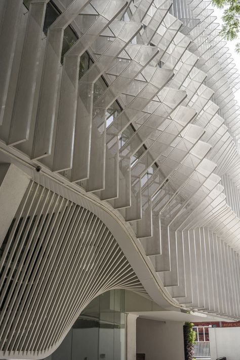 Lokmanya Multipurpose Co-Operative Credit Society, Steel Facade, Expressionism Architecture, Skin System, Shading Device, Perforated Steel, Hospital Architecture, System Architecture, Metal Stairs, Stairs Architecture