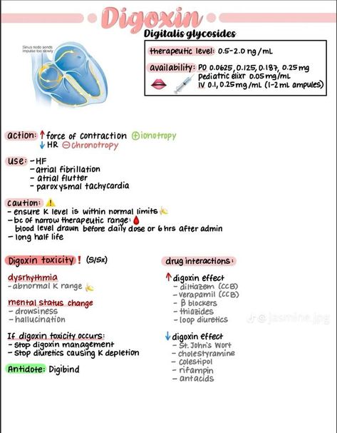 Digoxin #nursingstudent #nurse #resources - Image Credits: Madison Wooldridge Digoxin Nursing, Nursing Tools, Er Nursing, Er Tech, Pharmacology Studying, Nclex Prep, Med Surg Nursing, Nursing School Essential, Nursing Study Guide