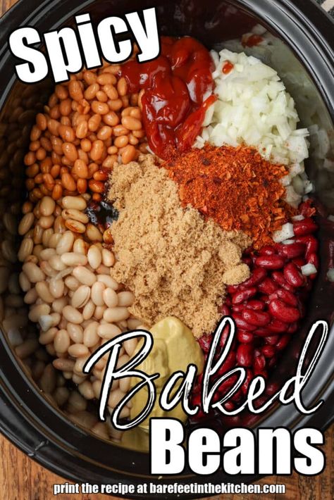 a crockpot with each individual ingredient added has white lettering overlaid that reads "spicy baked beans" Spicy Baked Beans, Spicy Beans, Instant Pot Baked Beans, Baked Beans From Scratch, Baked Beans Crock Pot, Bbq Baked Beans, Beans In Crockpot, Baked Bean Recipes, Comfort Food Southern