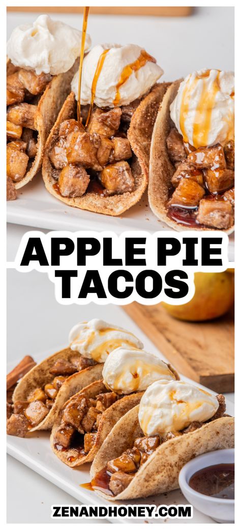 Get your tastebuds ready for the most fun and festive fall dessert recipe experience – Apple Pie Tacos! They are made with a gooey cinnamon apple pie filling inside a crunchy sweet taco shell made with a cinnamon-y sugar mixture for the ultimate fall apple dessert! Caramel Apple Pie Filling, Caleb Martin, Dessert Tacos, Apple Pie Tacos, Sweet Taco, Best Apple Desserts, Apple Pie Desserts, Cinnamon Sugar Tortillas, Cinnamon Desserts