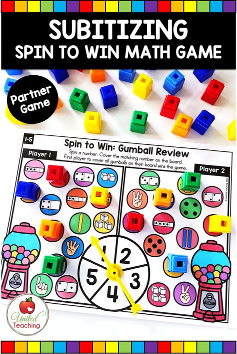 The Spin to Win Gumball Review game is a fun math activity that will aid in your students developing subitizing skills. Preschool and kindergarten students will develop recognition of different representations of numbers 1 to 5 which will boost their number sense skills. Students spin a number on the spinner and cover the matching number representation on their game board. The game ends when the first student covers all their gumballs. Number Bond Games Kindergarten, Subitizing Games First Grade, Number 0-5 Math Games, Who Has More Math Game, First Grade Number Sense Activities, Subitizing Activities First Grade, Number Representation Activities, Number Representation Kindergarten, Addition Within 10 Activities