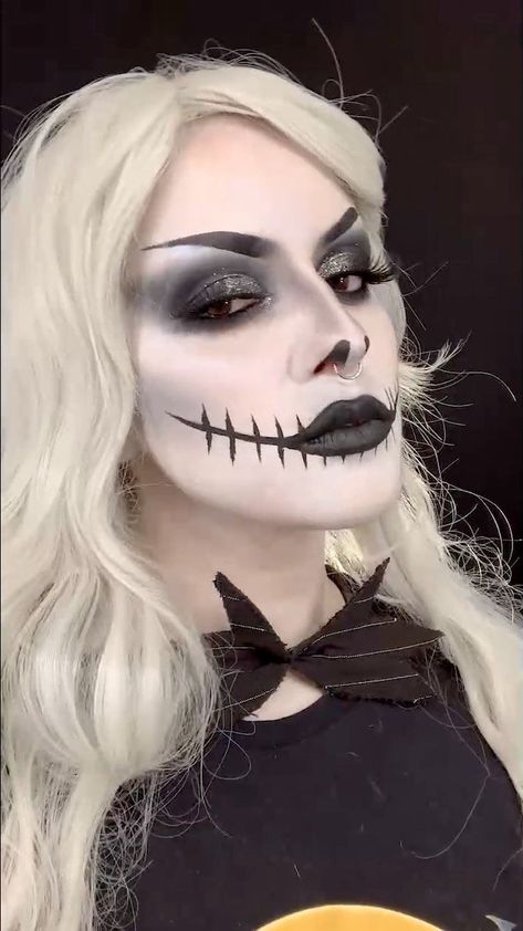 Women Jack Skellington Makeup, Jack Female Costume, Easy Jack Skellington Costume, Jack Skellington Face Makeup, Jack Skellington Halloween Makeup, Jack Skellington Inspired Makeup, Womens Jack Skellington Costume, Jack Costume Women, Simple Jack Skellington Makeup