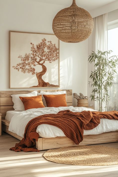 Transform your bedroom with stunning wall art ideas! This boho-chic bedroom features warm earthy tones and a beautiful tree artwork that adds a touch of nature. Discover more decor inspiration and create your dream space. #WallArtIdeas #BohoDecor #HomeInspiration Cosy Bedroom Ideas Aesthetic, Natural Bedroom Decor Earth Tones, Bedroom Ideas Boho Earthy, Floral Boho Bedroom, Earthy Tone Bedroom, Boho Earthy Bedroom, Desert Inspired Bedroom, Earth Tones Interior, Earthy Boho Bedroom