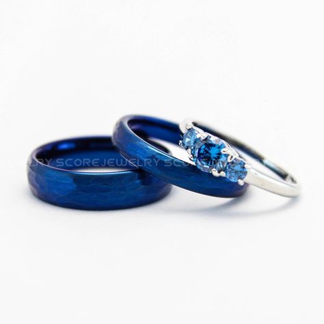 3 Piece Couple Set Wedding Rings, Blue Wedding Bands, Blue Hammered Tungsten Bands, Blue Wedding Rings, Blue Tungsten Wedding Rings Blue Wedding Rings For Women, Luxury Royal Blue Wedding Ring, Luxury Blue Wedding And Engagement Rings, Luxury Blue Rings For Proposal, Engagement Ring And Wedding Band Set Blue, Police Wedding Rings, Gemstone Wedding Rings Blue, Blue Wedding Rings Sets His And Hers, His And Hers Rings Sets Couple