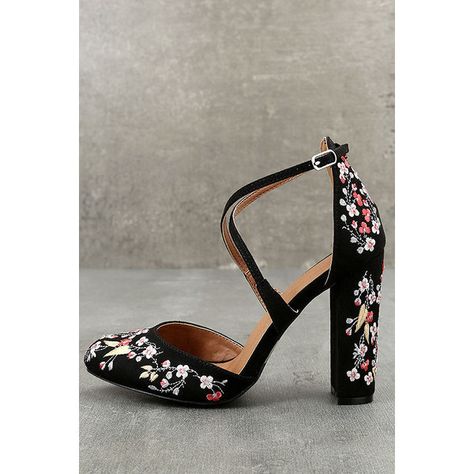 Lottie Black Embroidered Ankle Strap Heels ($49) ❤ liked on Polyvore featuring shoes, pumps, black, flower print pumps, black pumps, black floral pumps, floral print pumps and ankle strap shoes Black Heels Prom, Embroidered Heels, Heels Prom, Prom 2020, Floral Heels, Prom Heels, Ankle Strap Shoes, Shoes Platform, Pumps Shoes