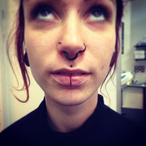 See this Instagram photo by @le_hegarat • 339 likes Tattoo On Lip, Line Neck Tattoo, Hayley Tattoo, Chin Tattoo, Nose Tattoo, Face Tats, Modern Art Tattoos, Devil Mask, Ancient Tattoo