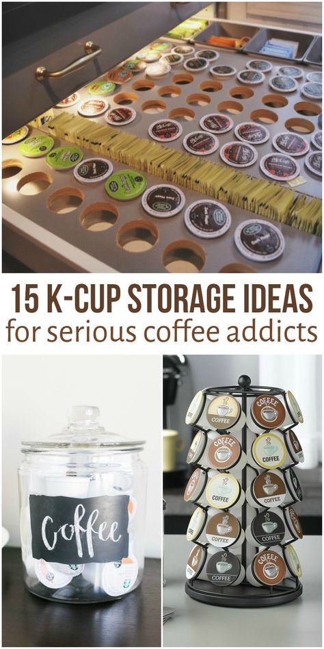 Around here, we can’t get enough coffee. We live on the stuff… It’s safe to say we are coffee addicts! So if you have a collection of k-cups and coffee pods and don’t know how to organize and sort them, we’ve found some terrific ideas for you! Kpod Storage, Syrup Storage Ideas, Coffee Pod Storage Ideas Diy, Diy Coffee Pod Holder, Coffee Pod Storage Ideas, Keurig Coffee Station, Keurig Pods, K Cup Storage, Clever Coffee