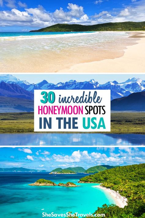 Planning a honeymoon? Take an absolutely unforgettable honeymoon right here in the US! From beautiful beaches to stunning mountains, these best honeymoon spots are sure to welcome you two newlyweds! | Honeymoons in USA | Best Honeymoon Destinations | Beach Honeymoon USA | Moutain Honeymoons in the US Honeymoon Destinations Usa, Honeymoon Usa, St John Usvi, Best Honeymoon Destinations, Honeymoon Spots, Beach Honeymoon, Travel Bucket List Usa, Best Honeymoon, Usa Travel Guide