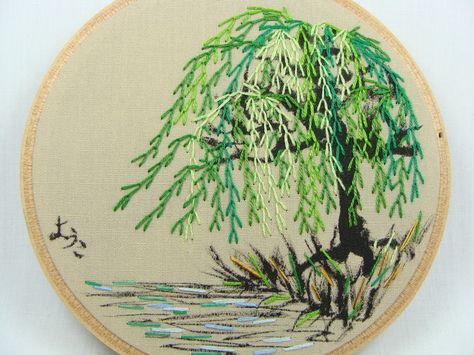 Weeping Willow Tree Embroidery, Embroidered Willow Tree, Blanket Stitch Embroidery Motifs, Willow Tree Embroidery, Embroidery Trees, Embroidered Things, Weeping Willow Tree, Abstract Embroidery, Feather Stitch