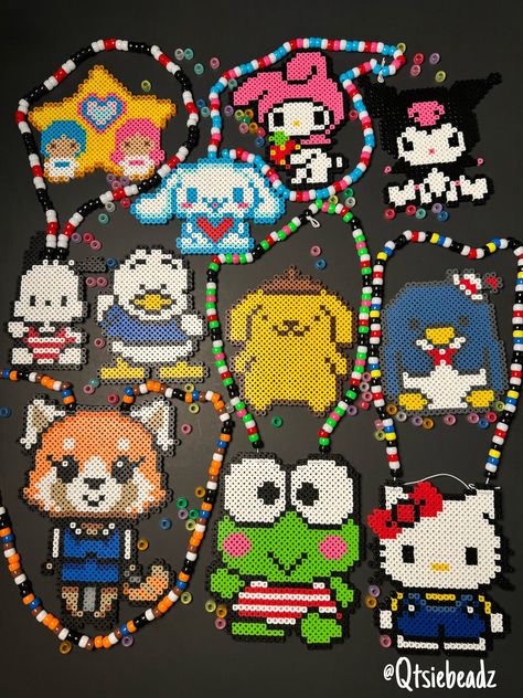 Handmade Japanese Anime Inspired Characters Kandi Perler Beads Art for Raves, Music Festivals. Please note: the colors in the item may slightly change when made due to inventory. However, the overall item remains the same 😊. Perler Bead Wind Chimes, Perler Bead Banana, Rezz Perler Bead Patterns, Anime Fuse Beads, Kandi Perler Ideas, Cinnamoroll Perler Beads, Cute Hama Beads, Edc Perler, Small Perler Beads