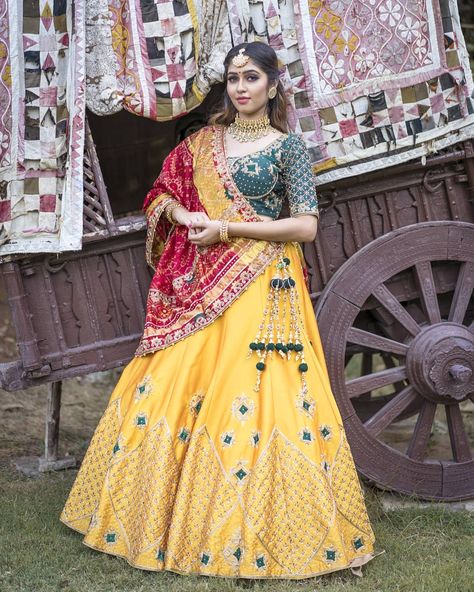 Annu’s Creation on Instagram: “What is more classy than our go to combination of yellow, green and red? You can rock any lehenga with this combination but this one js…” Red Blouse Combination Lehenga, Yellow Red Combination Dress, Red Yellow Lehenga, Haldi Dresses, Lehenga Yellow, Rajasthani Lehenga, Lehenga Inspiration, Latest Bridal Lehenga Designs, Chikankari Anarkali