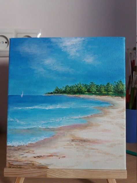 Art Plage, Simple Oil Painting, Painting Beach, Easy Canvas Art, Easy Canvas Painting, Boat Painting, Canvas Home Decor, Small Canvas Art, Beach Scene