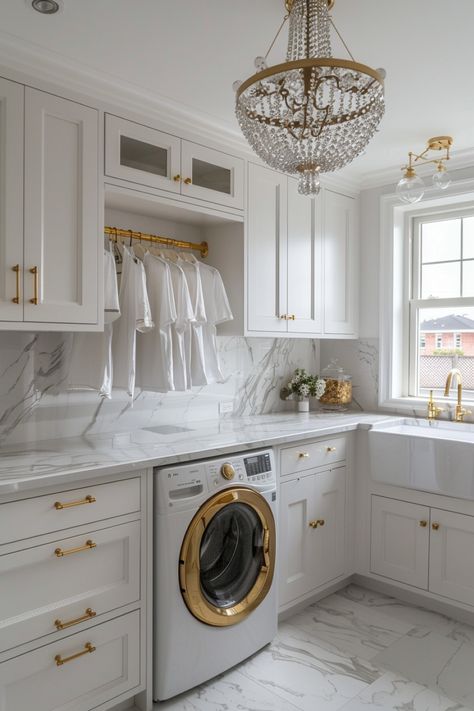 Convert your laundry room into a well-organized and trendy space with clever design ideas. From small, efficient layouts to expansive, stylish setups, these concepts ensure your laundry area is both practical and inviting. White And Gold Laundry Room, White Home Ideas, Maisonette Design, Laundry Area Ideas, Interior Design Laundry, Laundry Room Closet Ideas, Room Closet Ideas, Cute Laundry Room, Elegant Laundry Room