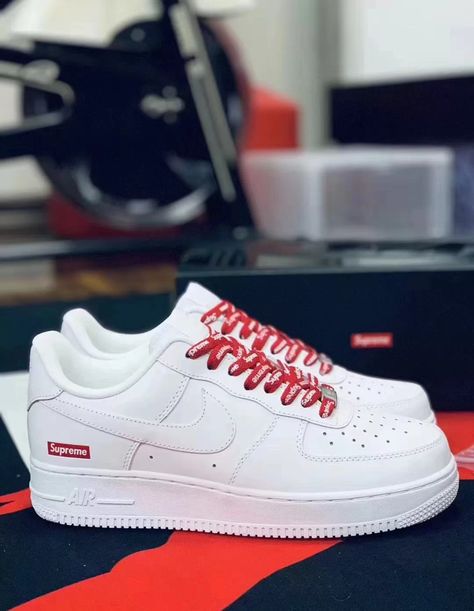 Tailoring Aesthetic, Fashion Grails, Nike Air Force 1 Supreme, Supreme Air Force 1, Supreme X Nike, White Air Forces, Nike Airforce 1, Visible Stitching, All Nike Shoes