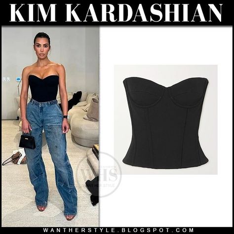 Kim Kardashian in black balenciaga corset top and carhartt jeans Kim Kardashian Corset, Black Corset With Jeans, Corset Top And Jeans, Corset With Jeans, Black Bustier Top, Corset And Jeans, Carhartt Jeans, Black Corset Top, Black Balenciaga