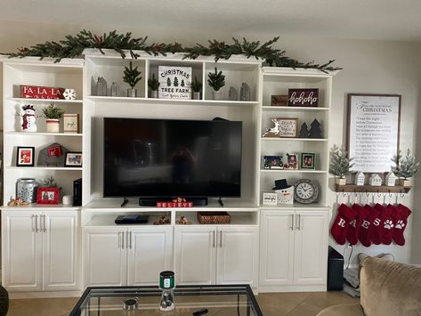 Christmas Decor On Entertainment Center, Entertainment Center Decor Christmas, Christmas Decor For Entertainment Center, Christmas Entertainment Center, Christmas Entertainment Center Decor, Entertainment Center Christmas Decor, Large Entertainment Center, Christmas Shelf, White Entertainment Center