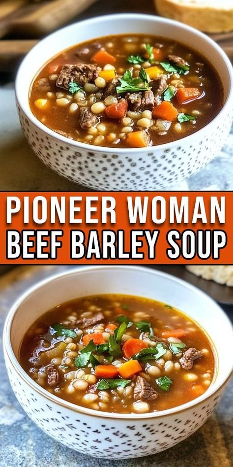 🍲 Inspired by the Pioneer Woman, this hearty Beef Barley Soup is filled with tender beef, barley, and fresh veggies. It's the ultimate cozy meal for fall and winter nights! Perfect for slow cooking or making ahead. 🌿 #BeefBarleySoup #PioneerWomanRecipe #SoupSeason #ComfortFood #SlowCookerSoup #HeartyMeals #FallRecipes Beef Barley Soup Stovetop, Vegetable Beef Barley Soup, Fall Soups And Stews, Chicken Barley Soup, Seasoned Vegetables, Barley Soup Recipe, Vegetable Barley Soup, Meal Rotation, Beef Soup Recipes