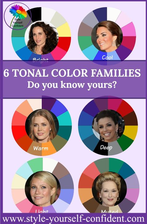 6 tonal color families #color analysis #tonal color families https://www.style-yourself-confident.com/tonal-color-families.html Tonal Color Analysis, Tonal Color Palette, Warm Skin Tone Colors, Light Spring Palette, Color Families, Cool Winter Color Palette, Deep Autumn Color Palette, Neutral Skin Tone, Colour Analysis