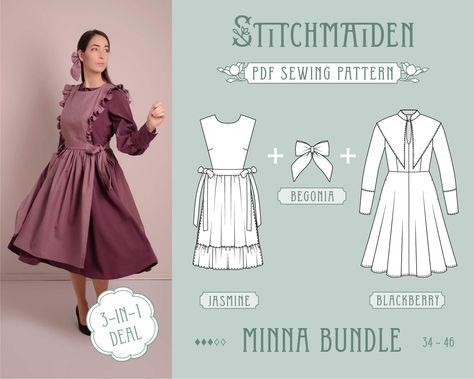 Sewing Pattern Cottagecore, Cottagecore Sewing Pattern, Bow Sewing Pattern, Modest Dress Patterns, Bow Sewing, Skirt Lengths, Witchy Dress, Pattern Language, Cottagecore Outfit