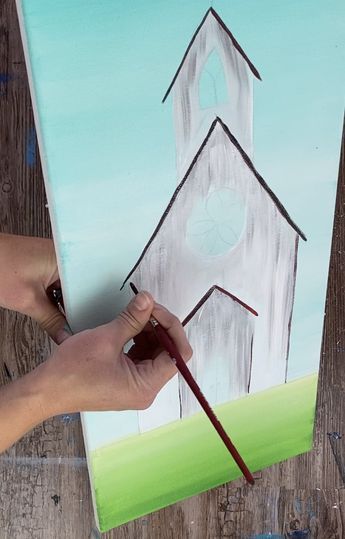 Painting Churches On Canvas, Easy Farmhouse Paintings On Canvas, Pictures Of Churches Free Printable, Christmas Paintings Tutorials, Church Paintings Ideas, Farmhouse Paintings On Canvas, Paintings Of Churches, Church Painting On Canvas, Farmhouse Canvas Painting