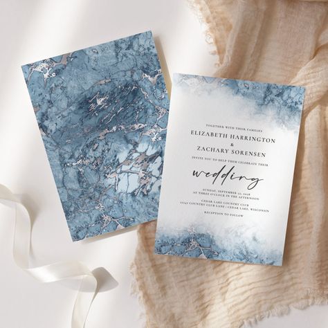 Chic Marble Blue Silver Wedding Invitation Dusty Blue Silver Wedding, Light Blue Invitations, Blue And Silver Wedding Invitations, Watercolor Border Design, Silver Invitations, Cute Invitation Cards, Blue Silver Wedding, Silver Wedding Invitation, Blue Silver Weddings