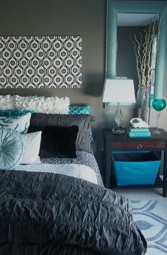 Gray and Turquoise Bedroom contemporary-bedroom Gray And Turquoise Bedroom, White And Turquoise Bedroom, Turquoise Bedroom Decor, Turquoise Bedroom, Dark Academia Room Decor, Modern Bedroom Colors, Turquoise Room, Bedroom Gray, Bedroom Turquoise