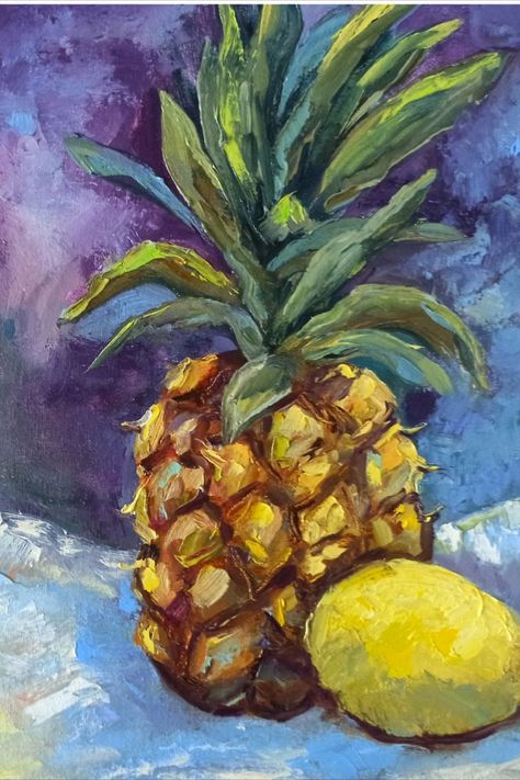 Pineapple painting, fruit still life. Impasto oil painting on canvas board 35x25cm, original artwork by Inna Bebrisa. Pineapple and lemon painting, original painting for home decor. Original art for gift. 🌈 Materials; canvas panel (canvas board), oil paints, palette knife, 100 % handmade. 🌈 Size; Height: 13,7 inches (35cm), Width: 9,8 inches (25 cm), Depth: 0,1 inches ( 2-3 mm). 🍍🍍 Pineapple Painting Lemon Original Art Fruit Still life Oil Painting The author's signature. Painting Lemons, Pink Floral Painting, Pineapple Painting, Painting Fruit, Fruit Still Life, Painting For Home Decor, Lemon Painting, Lighthouse Painting, Art Fruit