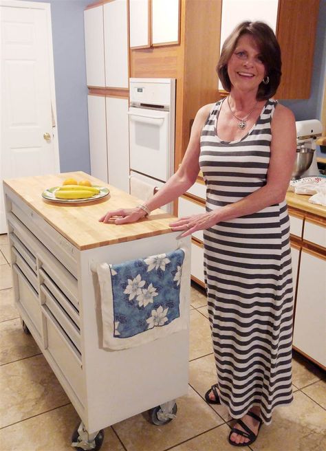 This Husky mobile work bench makes the perfect kitchen island. Work Bench As Kitchen Island, Kitchen Island Tool Chest, Tool Bench Kitchen Island, Toolbox As Kitchen Island, Husky Tool Chest Ideas, Tool Box As Kitchen Island, Toolbox Island Kitchens, Refurbished Kitchen Island, Husky Tool Chest Kitchen Island