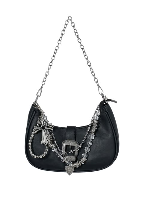 New color way of our best seller Hallox Bag Faux leather material Custom cross chain attached Belt buckle design Interior drop pocket Black Bag Silver Hardware, Grunge Bag, Goth Purse, Handbag Diy, Purses Black, Fashion Collection Inspiration, Pretty Purses, Gothic Bag, Crystal Flowers