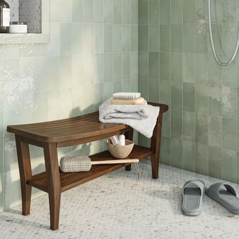 Weinert Teak Shower Bench Teak Shower Floor, Teak Shower Stool, Wood Shower Bench, Teak Shower Bench, Black Floor Tiles, Shower Stool, Teak Bench, Shower Seat, Shower Chair