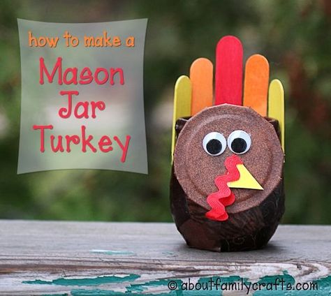 Thanksgiving Crafts for Kids - how to make a Mason Jar Turkey. Mason jar crafts don’t seem to be disappearing anytime soon and they just keep finding more uses for these handy products. You could place chocolates, after-dinner mints or even nonflammable tea lights inside. Mason Jar Craft, Diy Thanksgiving Crafts, Thanksgiving Turkey Craft, Thanksgiving Crafts Diy, Turkey Crafts, Turkey Craft, Thanksgiving Crafts For Kids, Diy Jar Crafts, Cones Crafts