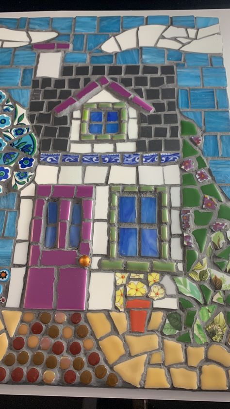 House Mosaic, Mosaic Houses Pictures, Mosaic Fairy House, Mosaic Skies, Mosaic Mountains Ideas, Mosaic Lake Scene, Landscape Mosaic, Mosaic Garden Art, Mosaic Backsplash