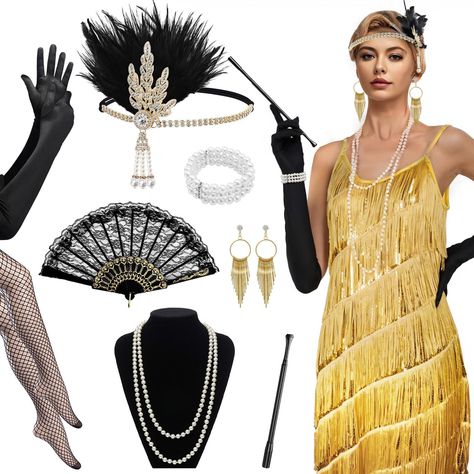 PRICES MAY VARY. 【Great Value 1920s Women Outfit】You will receive 12pcs 1920 flapper girl outfits, including a yellow sequin fringed dress, a feather headpiece designed with diamond, a lace fan, a three-layer bracelet, a pearl necklace, a handheld props, a pair of long glove, a pair of gemstone earrings and a pair of fishing net socks. Rich accessory set perfectly meets your 1920s theme party dress up needs. 【Carefully Selected Materials】Our 1920 women's dress is made of high-quality shredded mi The Great Gatsby Theme Party Outfits, Classy Halloween Costumes Couples, Harlem Nights Theme Party Fashion Outfit, Roaring 20s Party Outfit Women, 1920s Themed Party Outfit, Harlem Nights Outfits, 1920s Theme Party, Gatsby Christmas, 1920s Outfit