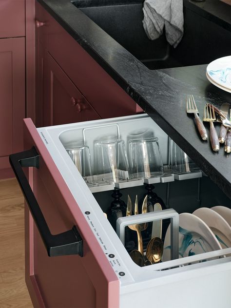 Dishwasher Drawers, Dish Drawers, Burgundy Paint, Above Sink, Pantry Wall, Drawer Dishwasher, Happy Kitchen, Smart Ideas, Pink House