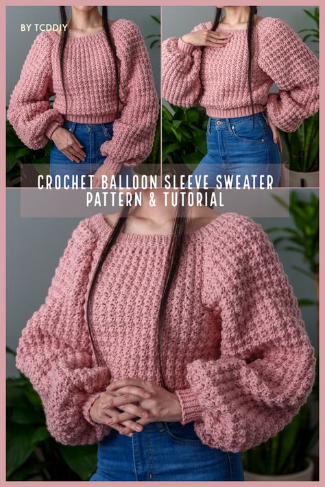 Create a bold fashion statement with this chic Crochet garment! Make this in any color of your choice for the ultimate personalized wardrobe addition. With this easy to follow crochet pattern from the designer TCDDIY, you can make this garment that will be sure to turn heads! Get ready to make a splash in this season's hottest fashion trend - click for the pattern! #crochet #crochetpattern #crochettutorial Crochet Balloon Sleeve, Balloon Sleeves Pattern, Pola Sweater, Crochet Balloon, Crochet Jumper Pattern, Ladies Crop Top, Crop Top Design, Balloon Sleeve Cardigan, Crochet Pullover