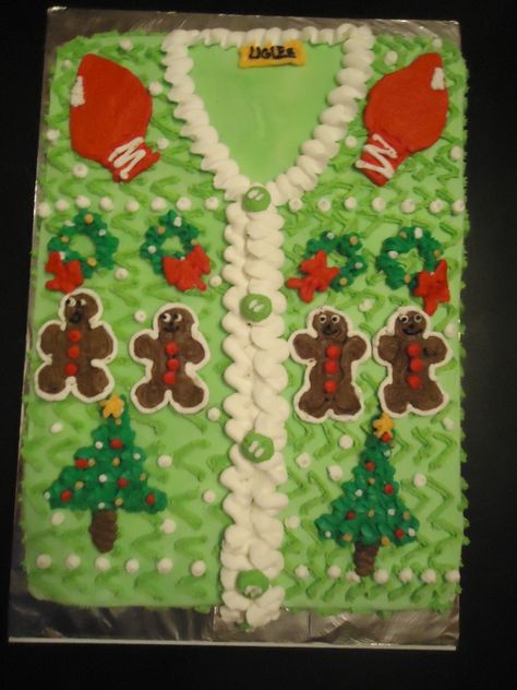 ugly Christmas sweater cake Ugly Sweater Cupcake Cake, Ugly Sweater Food Ideas, Ugly Christmas Sweater Cake Ideas, Ugly Sweater Cupcakes, Ugly Sweater Cake Ideas, Ugly Sweater Baby Shower Ideas, Ugly Christmas Sweater Party Ideas Food, Christmas Sweater Cake, Ugly Christmas Sweater Cake