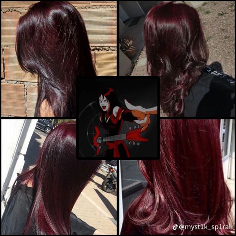 Black And Red Hair Character, Dark Brown Hair With Color, Red Hair Black Tips, Dark Red Black Hair, Black Red Hair Color, Pretty Dyed Hair, Halo Hair Dye, Red Peekaboo Hair, Red Black Hair