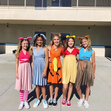 5 Girls Halloween Costume, 5 Girls Halloween Costume Ideas, 5 Girl Halloween Costumes, Eeyore Costume Women, Pooh And Friends Costume, Simple Costume Ideas For Women, Cartoon Characters Costumes Ideas, Short Circle Skirt, Pooh Costume