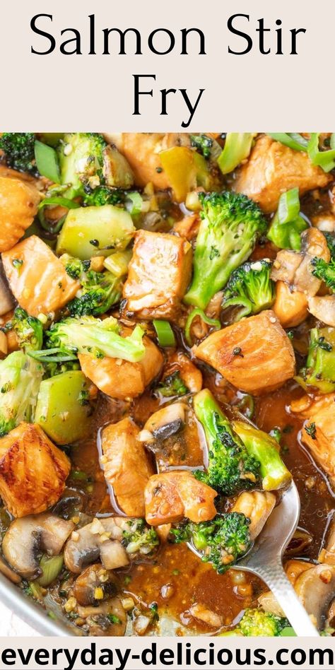 This salmon stir fry makes a delicious 30-minute dinner. Salmon may be an unusual protein for a stir fry but it works so well – it’s super quick to cook and comes out super tender and flavorful. The stir-fry sauce is easy and made with just a couple of ingredients. Mushrooms add additional flavor and broccoli crunch. You’ll love this easy and delicious dinner! Salmon Stir Fry Recipes, Stir Fry With Broccoli, Broccoli And Mushrooms, Salmon Stir Fry, Dinner Salmon, Cauliflower Stir Fry, Asparagus Stir Fry, Salmon And Broccoli, Mushroom Stir Fry