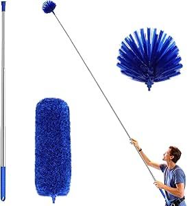 Ceiling Fan Duster with Extension Pole, Cobweb & Corner Brush Cleaning Kit w 2 Duster Heads for Cleaning,15-100 Inch Long Handle Aluminum Telescoping Pole, Washable（Blue） Ceiling Fan Duster, Fan Cleaner, Clean Air Conditioner, Clean 15, Telescopic Pole, Brush Cleaning, Kitchen Cleaning Supplies, Cleaning Dust, Cleaning Walls