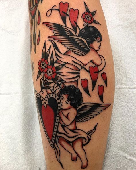 American Classic Tattoo, Traditional Heart Tattoos, Traditional Tattoo Inspiration, Cherub Tattoo, Traditional Style Tattoo, Traditional Tattoo Sleeve, Red Ink Tattoos, Leg Sleeve, Classic Tattoo