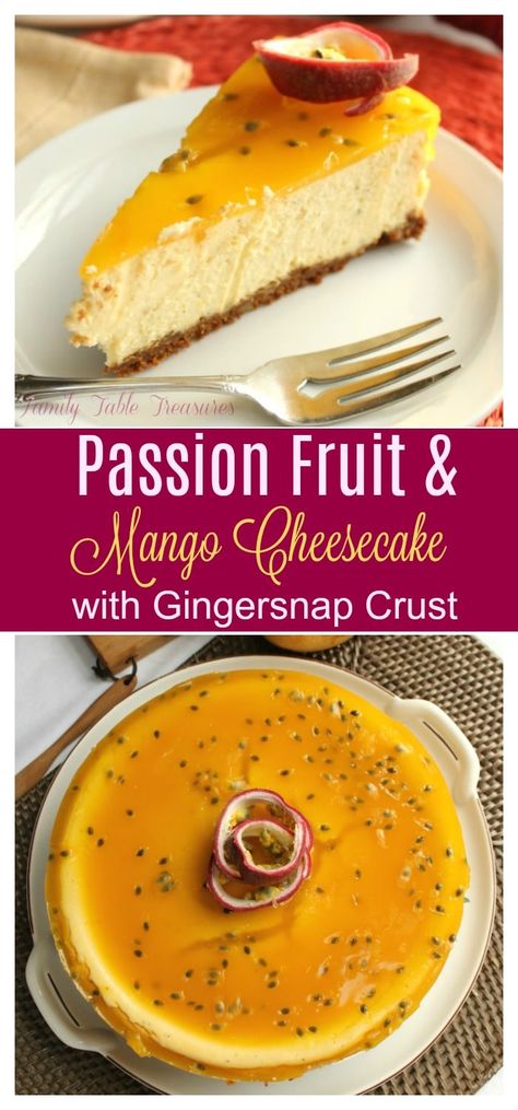 Passion Mango Cheesecake, Mango Passion Fruit Cheesecake, Tropical Cheesecake Recipes, Mango Topping For Cheesecake, Easy Mango Cheesecake, Light Fruit Desserts, Passion Fruit Cheesecake Recipe, Passion Fruit Dessert Ideas, Passion Fruit Dessert