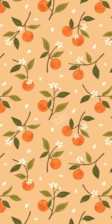 A cute print and pattern featuring digital illustrations of oranges on branches with leaves and orange blossoms. Kitchen decor | Oranges pattern | Botanical pattern | Home decor | Cute aesthetic pattern | Citrus art | Oranges art | Orange blossoms | Cute kitchen art | Surface design decor #pattern #surfacedesign #fruit Images Hello Kitty, Fruit Wallpaper, Simple Phone Wallpapers, Orange You Glad, Phone Wallpaper Patterns, Orange Wallpaper, Cute Patterns Wallpaper, Iphone Background Wallpaper, Simple Wallpapers