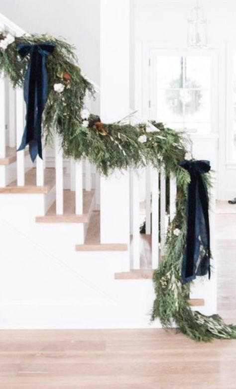 Modern Coastal Christmas Tree, Blue And Orange Christmas, Navy And Green Christmas Tree, Dusty Blue Christmas Decor, Navy And Green Christmas Decor, Blue And Green Christmas, Christmas Banister, Navy Christmas, Tinsel Christmas Tree