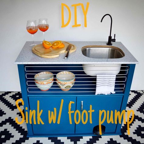 DIY Camper van plumbing with foot pump. How to install a sink into existing cabinetry for a mobile kitchen. Great for RVs, campers, van conversions, and outdoor events. Campers Van, Camping Sink, Old Milk Jugs, Diy Camper Van, Airstream Basecamp, Undermount Bar Sink, Grid Ideas, Basement Kitchenette, Portable Sink