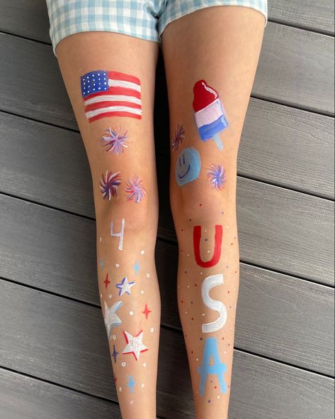 Things To Paint On Your Legs For Fourth Of July, Fourth Of July Paint Ideas, 4th Of July Eye Makeup Simple, Usa Painted Jeans, Forth Of July Paint Ideas, Usa Leg Paint Ideas, Fourth Of July Leg Painting Ideas, Fourth Of July Tattoo Ideas, Forth Of July Leg Painting