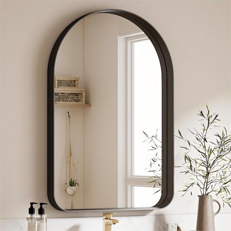 Anyrose Decorative Bathroom Mirror - Where Style, Practicality, and Quality Meet Ideal for both decorative accents and everyday utility, the Anyrose Mirror is the ultimate choice for those seeking beauty and functionality in one elegant piece. Whether you're getting ready for a special occasion or starting your day, indulge in the perfect fusion of fashion-forward design and practical convenience with the Anyrose Decorative Bathroom Mirror. Size: 24" x 36".  Color: Black. Black Vanity Gold Mirror, Bathroom Mirror Single Sink, Small Bathroom Vanity Mirror Ideas, Wood Bathroom Mirrors, Mid Century Bathroom Mirror, Two Mirrors In Bathroom, Bathroom Black Hardware, Silver Faucet Bathroom, Small Bathroom Mirror Ideas