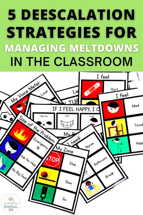 Are you wondering how to manage meltdowns in your special education classroom? Today, I talk about 5 deescalation techniques that you can use with your special education students. This blog includes deescalation tips for both antecedent strategies and reactive strategies. One of these meltdown tips is finding tools for sensory regulation. I include a sensory chart to pick what’s best for each child. Hopefully you find these deescalation strategies helpful to manage meltdowns in the classroom. Anchor Charts For Special Education, Deescalation Strategies Classroom, Deescalation Strategies, Deescalation Techniques, Aba Classroom, Special Ed Classroom, Behavior Classroom, Ed Classroom, Sensory Regulation